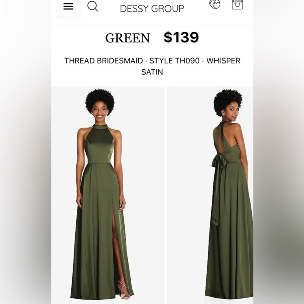 Dessy bridesmaid dress, size M, whisper satin, olive green.